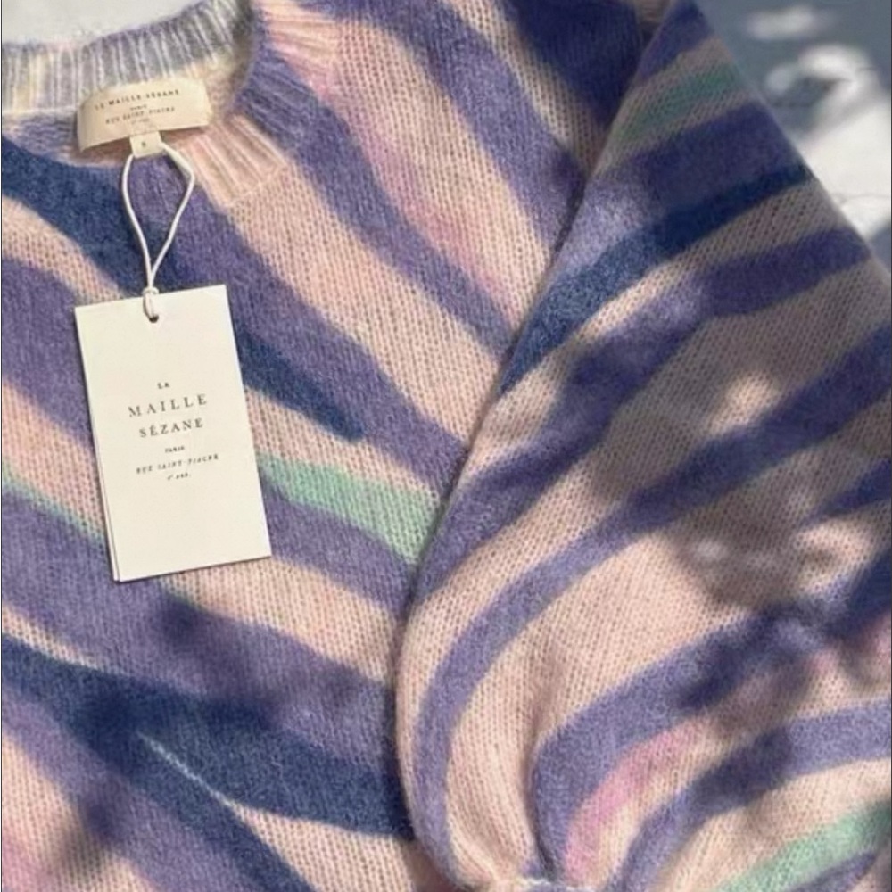 NWT Sezane Chessy Sweater Zebra Pastel Print Purple Blue French Knit - Picture 7 of 8